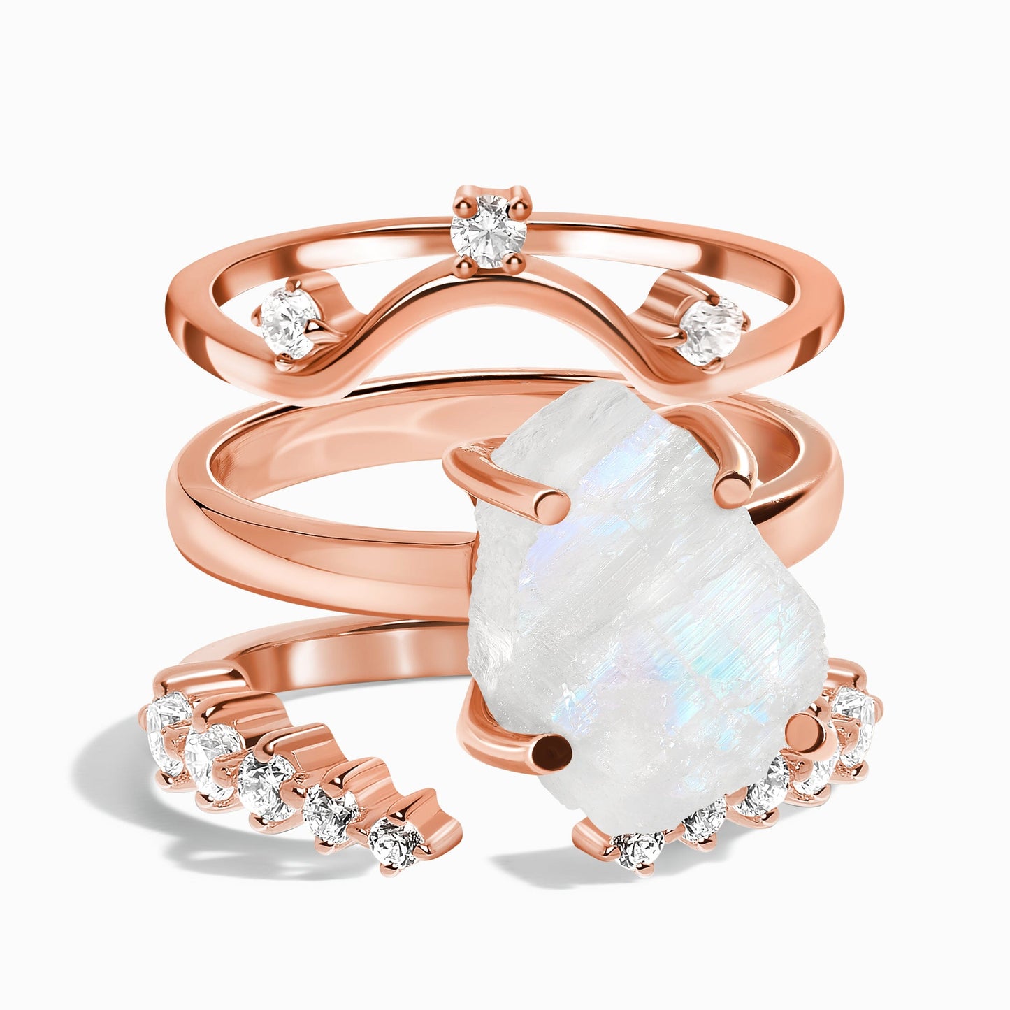 Raw Moonstone Ring & Archer Band & Cascade Band