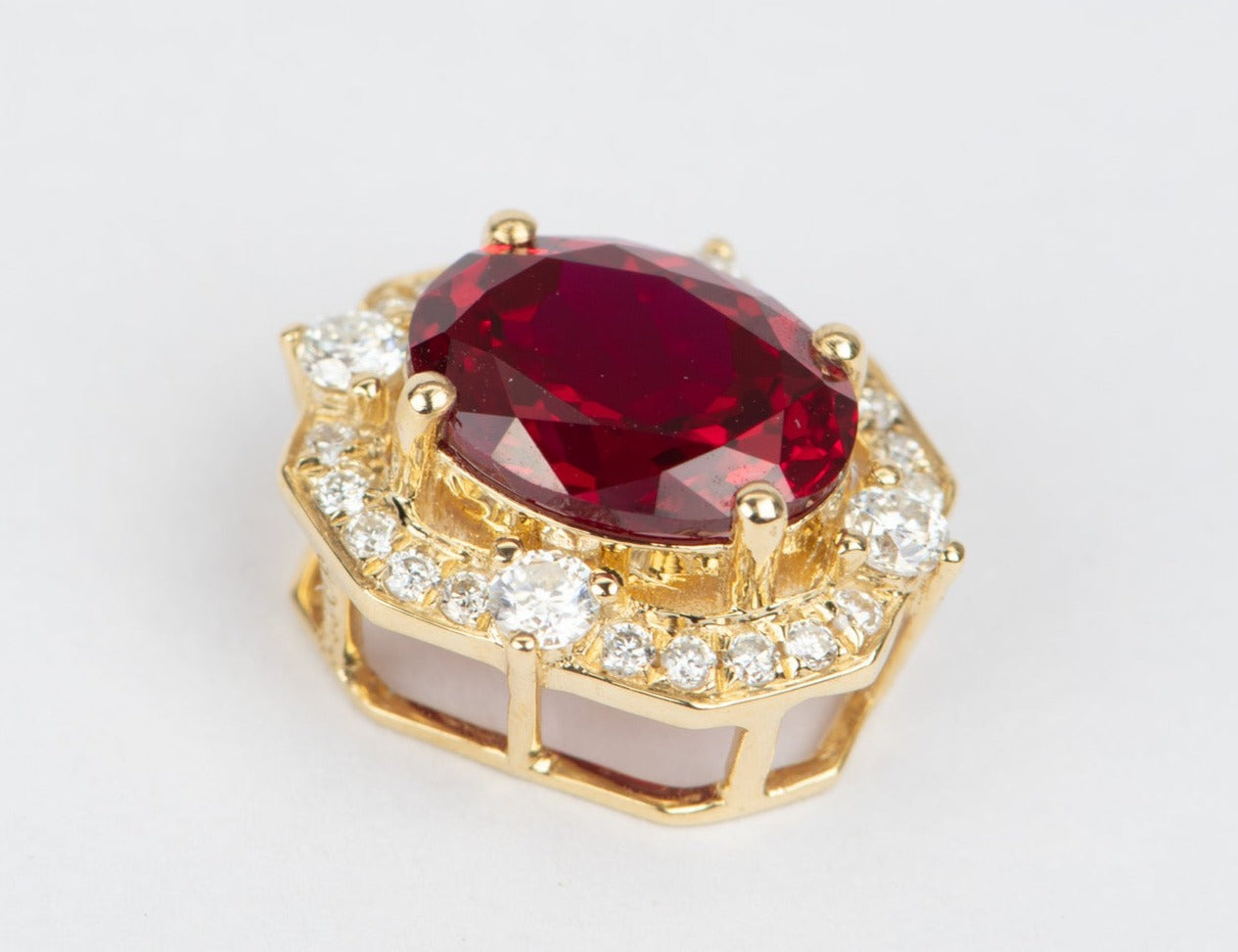 2.1ct Lab Ruby with Moissanite Halo Pendant Charm 18K Gold Pigeon Blood Red Gemstone OOAK R4363