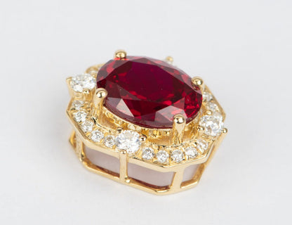 2.1ct Lab Ruby with Moissanite Halo Pendant Charm 18K Gold Pigeon Blood Red Gemstone OOAK R4363