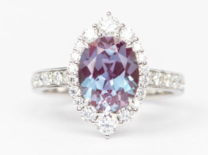 3.26ct Lab Alexandrite with Moissanite Halo and Band Engagement Ring 14K White Gold R6429