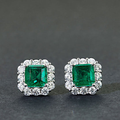 4.0 Carat Halo Princess Cut Emerald Green Women's Stud Earrings In Sterling Silver