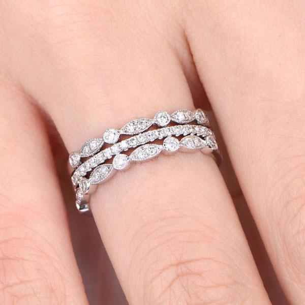 Art Deco Half Eternity 3PC Stacking Wedding Band Set In Sterling Silver-Maxinejewelry