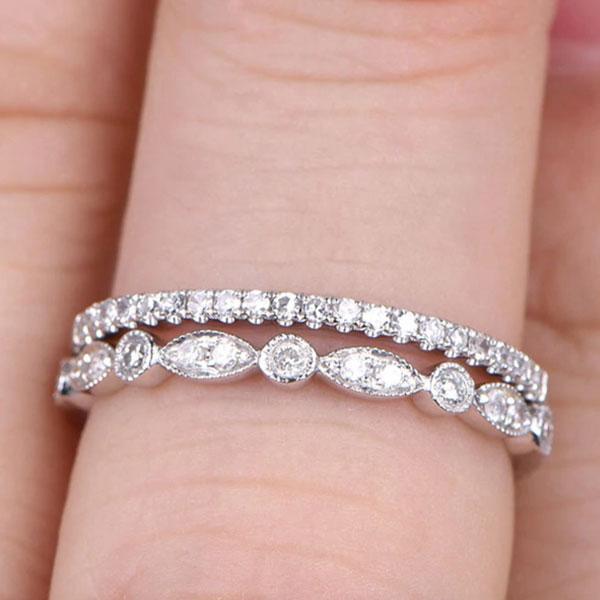 Half Eternity Stackable Wedding Band Set In Sterling Silver White Gold-Maxinejewelry