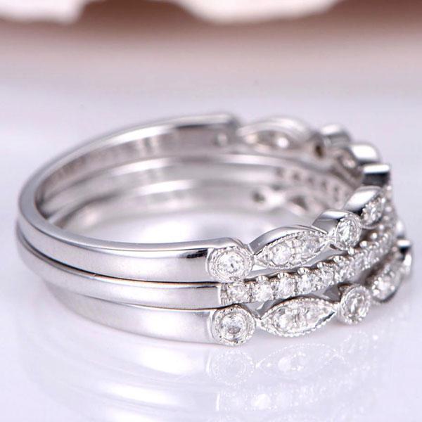 Art Deco Half Eternity 3PC Stacking Wedding Band Set In Sterling Silver-Maxinejewelry