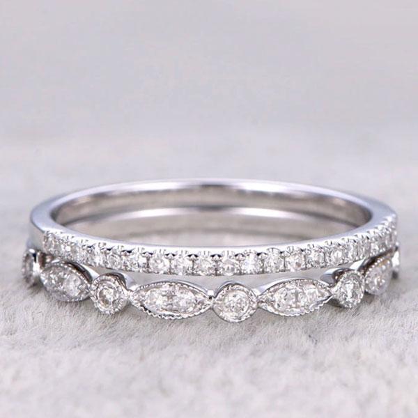 Half Eternity Stackable Wedding Band Set In Sterling Silver White Gold-Maxinejewelry