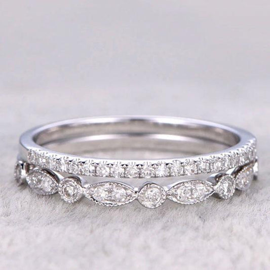 Half Eternity Stackable Wedding Band Set In Sterling Silver White Gold-Maxinejewelry