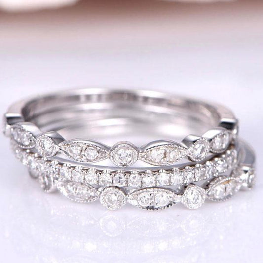 Art Deco Half Eternity 3PC Stacking Wedding Band Set In Sterling Silver-Maxinejewelry