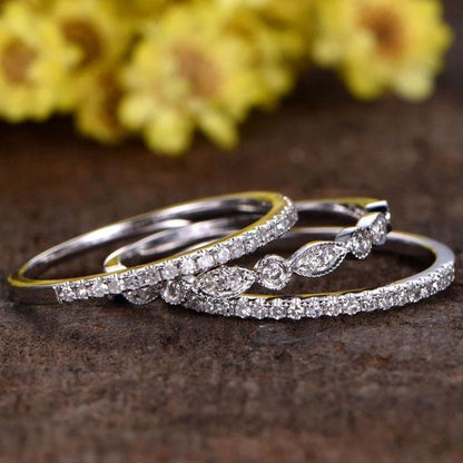 Full Eternity 3PC Stacking Wedding Band Set In White Gold Plated-Maxinejewelry