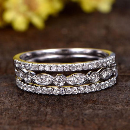 Full Eternity 3PC Stacking Wedding Band Set In White Gold Plated-Maxinejewelry