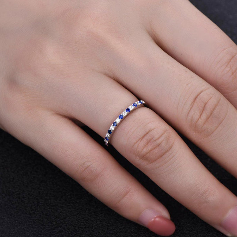 Half Eternity Blue And White Sapphire Wedding Band For Women In Sterling Silver-Maxinejewelry