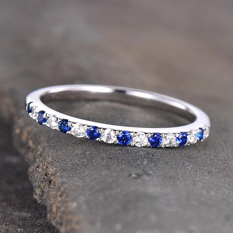 Half Eternity Blue And White Sapphire Wedding Band For Women In Sterling Silver-Maxinejewelry