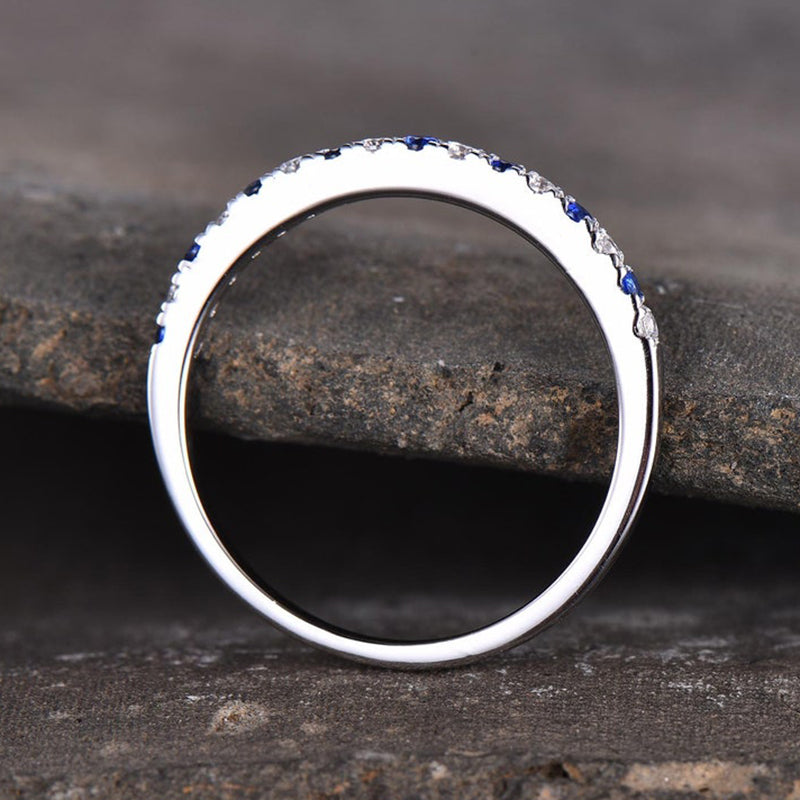 Half Eternity Blue And White Sapphire Wedding Band For Women In Sterling Silver-Maxinejewelry