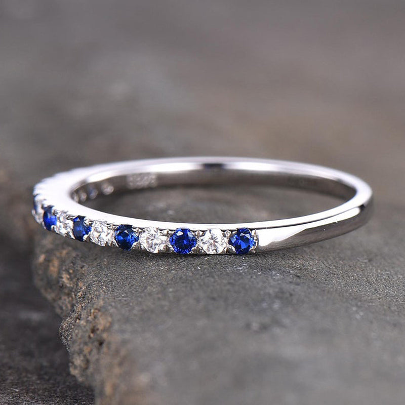 Half Eternity Blue And White Sapphire Wedding Band For Women In Sterling Silver-Maxinejewelry