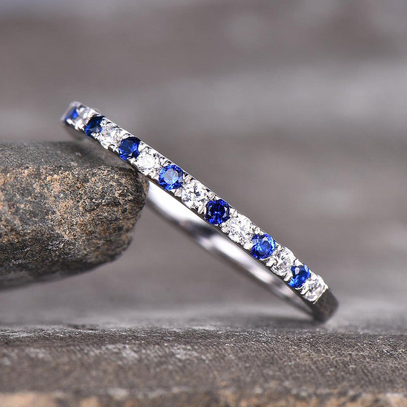 Half Eternity Blue And White Sapphire Wedding Band For Women In Sterling Silver-Maxinejewelry