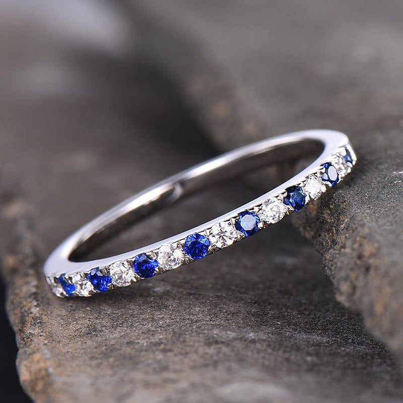 Half Eternity Blue And White Sapphire Wedding Band For Women In Sterling Silver-Maxinejewelry