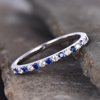 Half Eternity Blue And White Sapphire Wedding Band For Women In Sterling Silver-Maxinejewelry