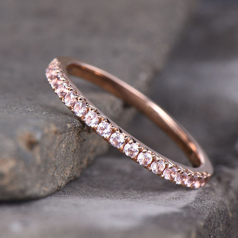 Half Eternity Rose Gold Peachy Pink Stone Women's Wedding Band In Sterling Silver-Maxinejewelry