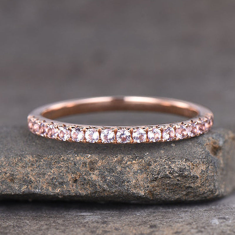 Half Eternity Rose Gold Peachy Pink Stone Women's Wedding Band In Sterling Silver-Maxinejewelry