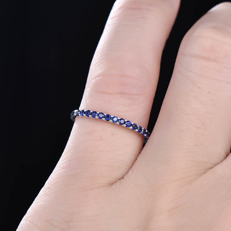 Exquisite Half Eternity Blue Sapphire Women's Wedding Band In Sterling Silver-Maxinejewelry