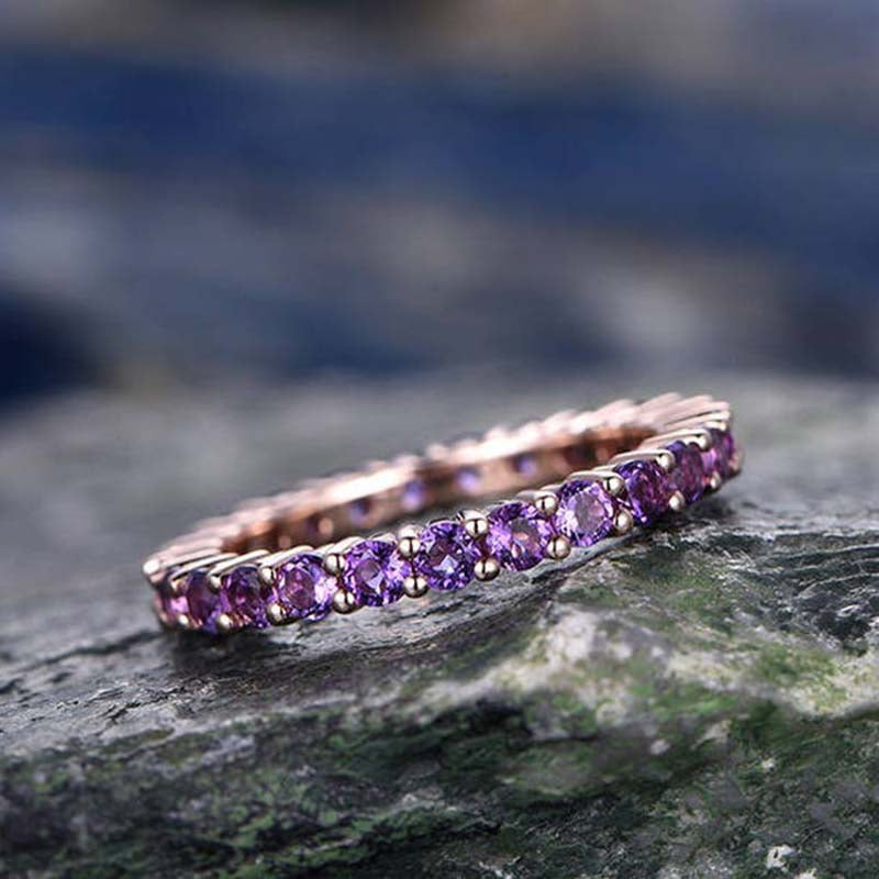 Rose Gold Round Cut Amethyst Purple Wedding Band In Sterling Silver-Maxinejewelry