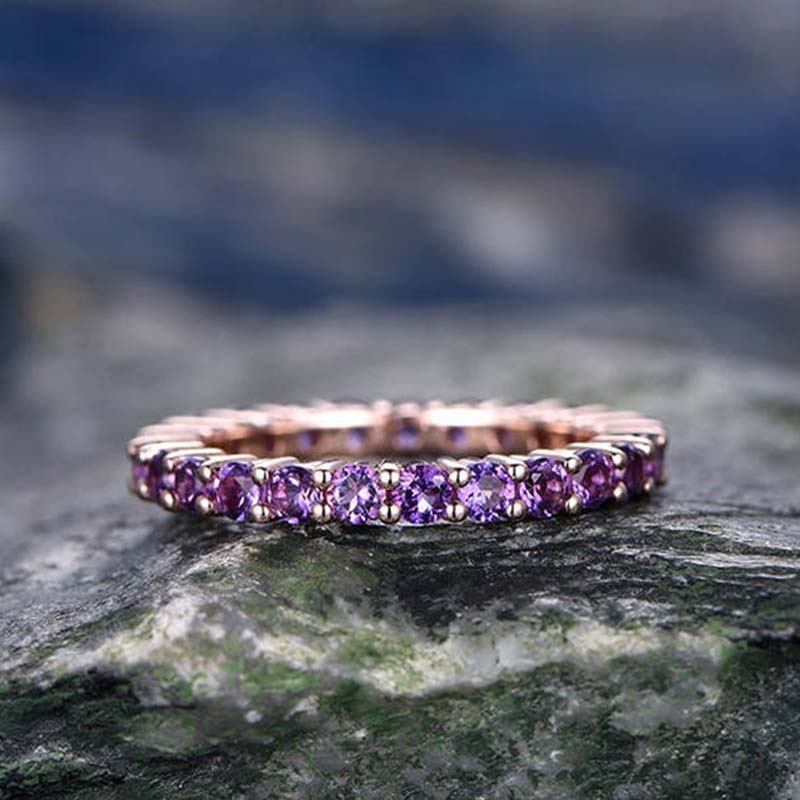 Rose Gold Round Cut Amethyst Purple Wedding Band In Sterling Silver-Maxinejewelry