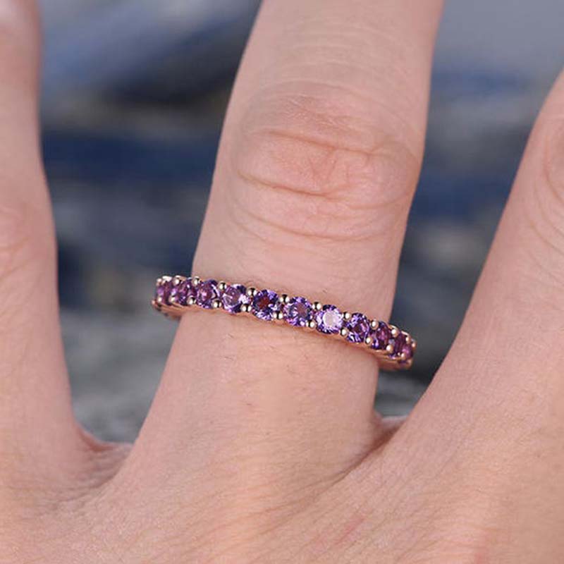 Rose Gold Round Cut Amethyst Purple Wedding Band In Sterling Silver-Maxinejewelry