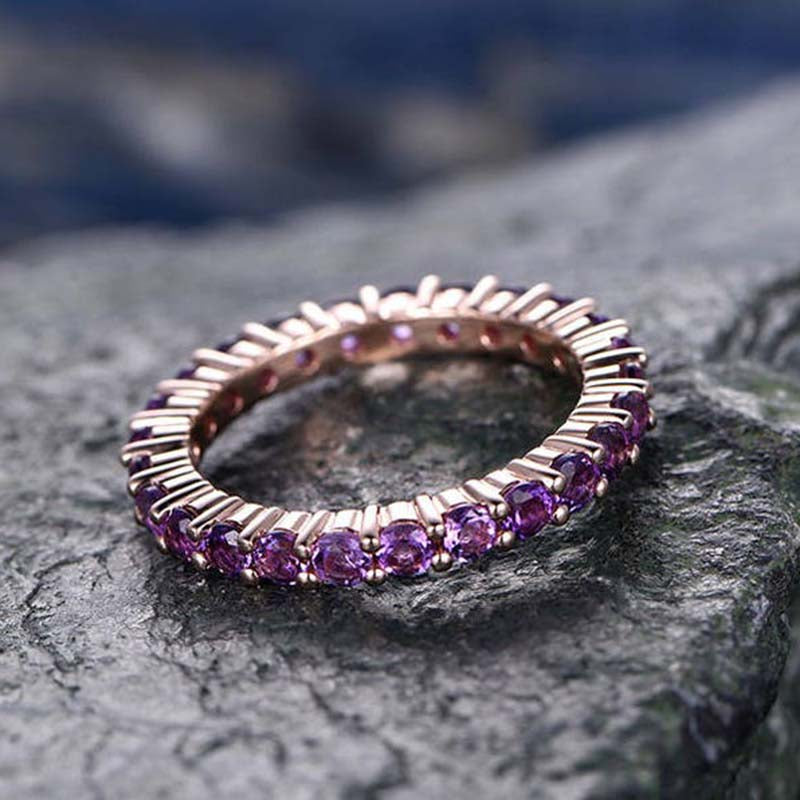 Rose Gold Round Cut Amethyst Purple Wedding Band In Sterling Silver-Maxinejewelry