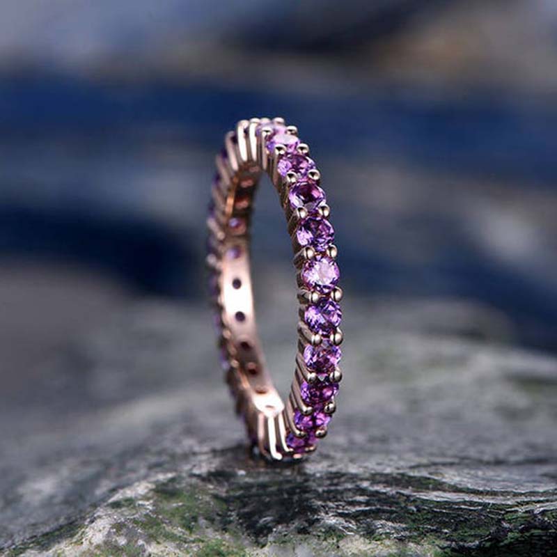 Rose Gold Round Cut Amethyst Purple Wedding Band In Sterling Silver-Maxinejewelry