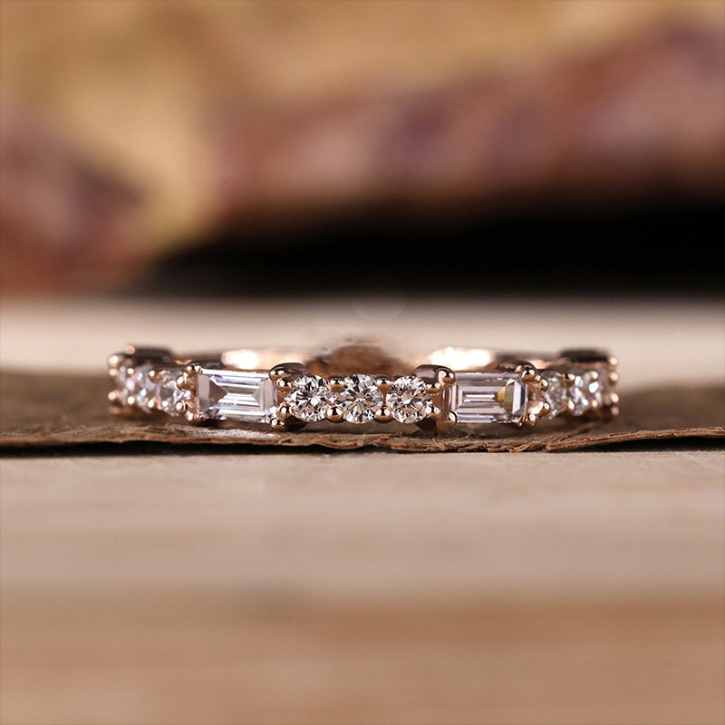 Rose Gold Emerald &amp; Round Cut Diamond Wedding Band In Sterling Silver-Maxinejewelry