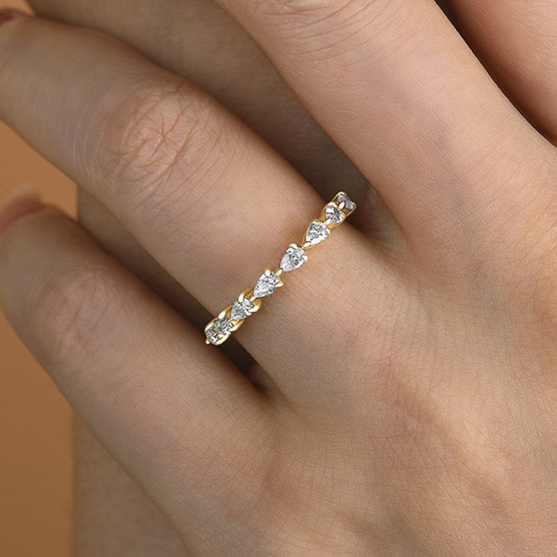 Sparkle Yellow Gold Half Eternity Pear Cut Wedding Band for Her In Sterling Silver-Maxinejewelry