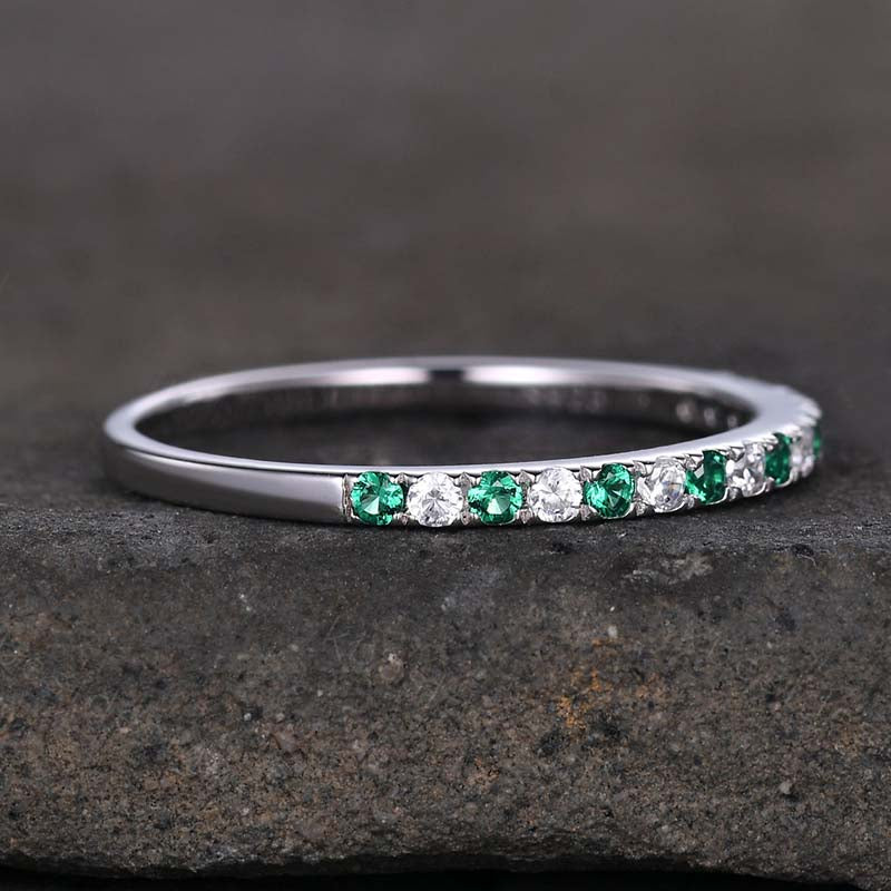 Stunning Half Eternity Emerald Green And White Stone Wedding Band