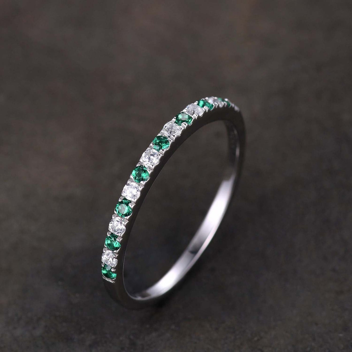 Stunning Half Eternity Emerald Green And White Stone Wedding Band