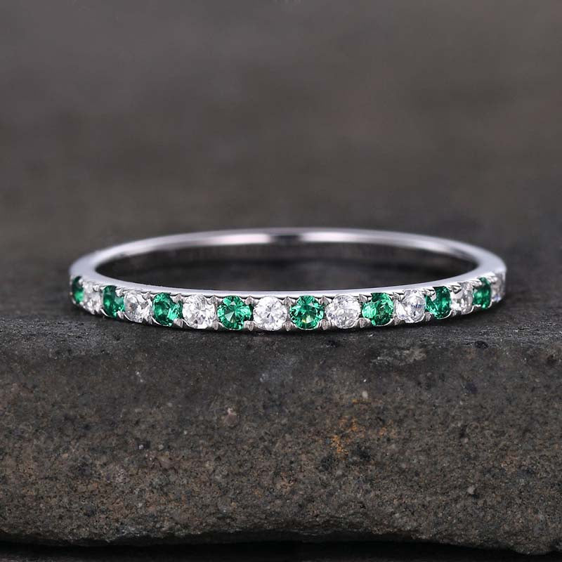 Stunning Half Eternity Emerald Green And White Stone Wedding Band