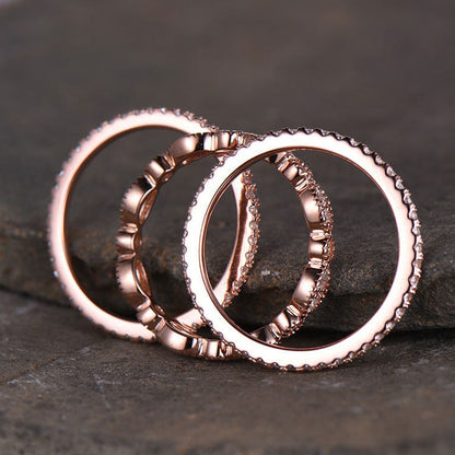 Rose Gold Art Deco 3PC Stackable Wedding Band Set In Sterling Silver-Maxinejewelry