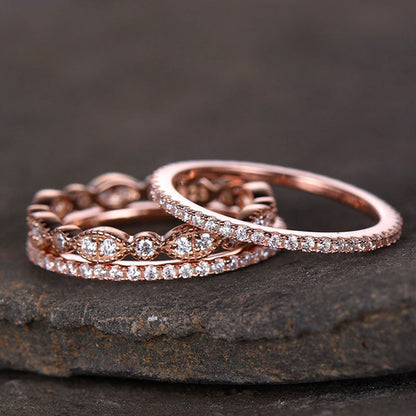 Rose Gold Art Deco 3PC Stackable Wedding Band Set In Sterling Silver-Maxinejewelry