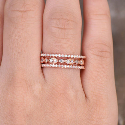 Rose Gold Art Deco 3PC Stackable Wedding Band Set In Sterling Silver-Maxinejewelry