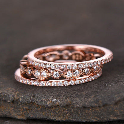 Rose Gold Art Deco 3PC Stackable Wedding Band Set In Sterling Silver-Maxinejewelry