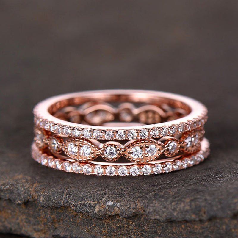 Rose Gold Art Deco 3PC Stackable Wedding Band Set In Sterling Silver-Maxinejewelry