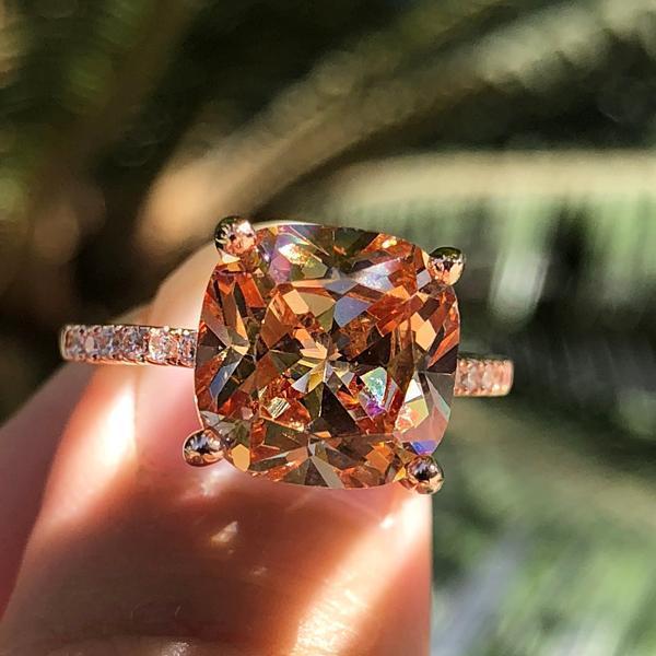 5 Carat Cushion Cut Champagne Stone 3PC Wedding Ring Set In Rose Gold-Maxinejewelry