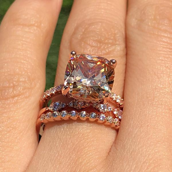 5 Carat Cushion Cut Champagne Stone 3PC Wedding Ring Set In Rose Gold-Maxinejewelry