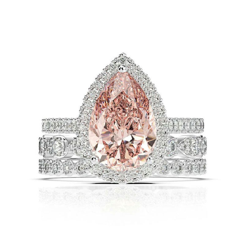 Halo Pear Cut 3 Carat Morganite Wedding Ring Set 3 PC In White Gold-Maxinejewelry