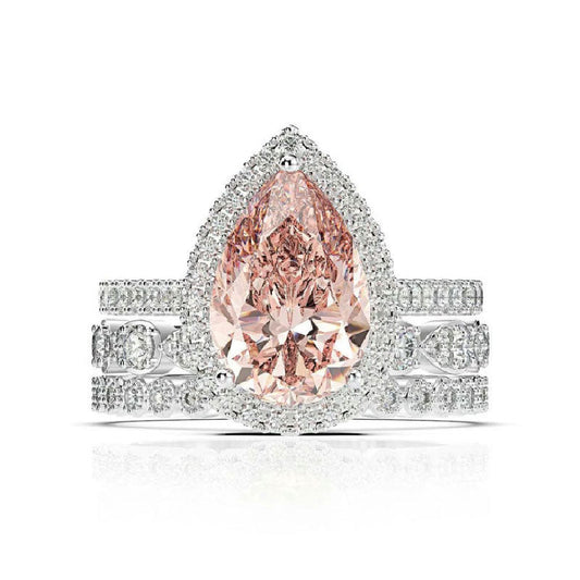 Halo Pear Cut 3 Carat Morganite Wedding Ring Set 3 PC In White Gold-Maxinejewelry