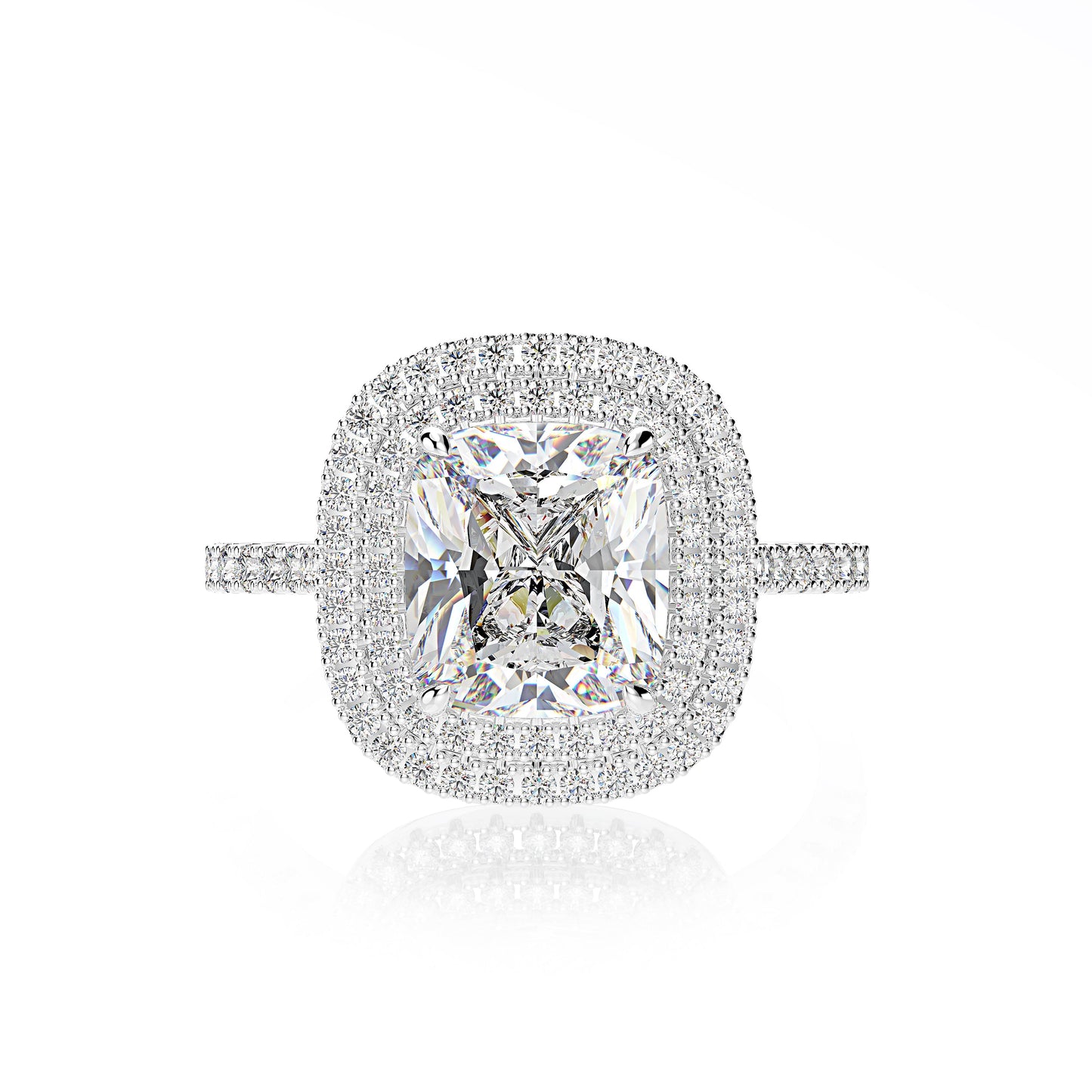 Double Halo Cushion Cut 2 Carat Engagement Ring In White Gold-Maxinejewelry