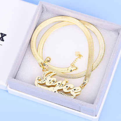 Double Layer Nameplate With Heart Pendant Personalized Custom Gold Plated Name Necklace Snake Chain