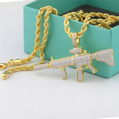 Gun Pendant Necklace Gold Plated Hip Hop Style Jewelry for Rapper