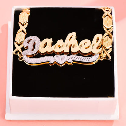 Double Layer Two Tone Nameplate with Heart XOXO Chain Personalized Custom Gold Plated Name Bracelet