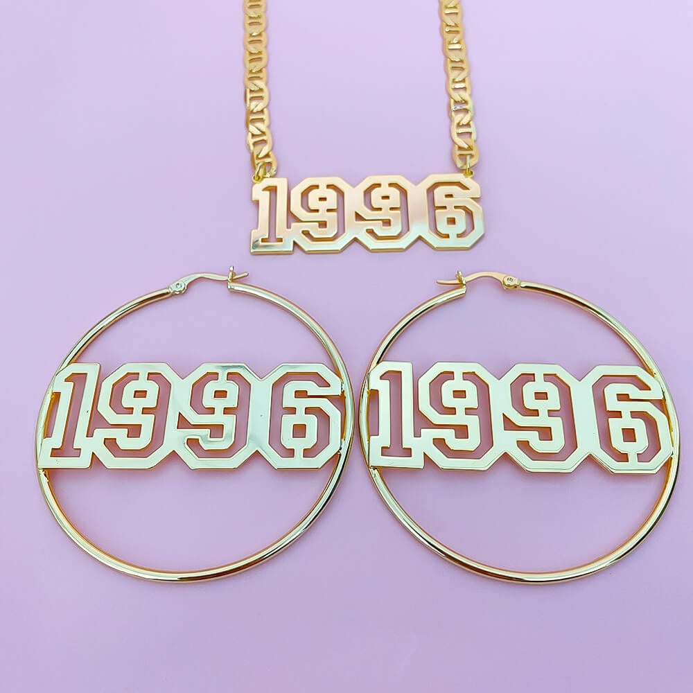 Hollow Number Year Nameplate Necklace And Earrings Personalized Custom Gold Plated Set Jewelry