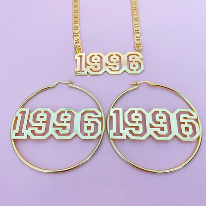 Hollow Number Year Nameplate Necklace And Earrings Personalized Custom Gold Plated Set Jewelry