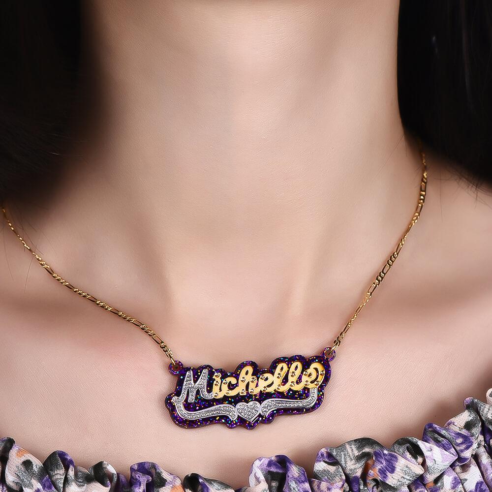 Double Layer Purple Acrylic Two Tone Heart Personalized Custom Gold Plated Name Necklace-silviax