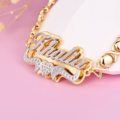 Double Plate Two Tone Heart Nameplate Personalized Custom Gold Plated Name Bracelet XOXO Chain-silviax